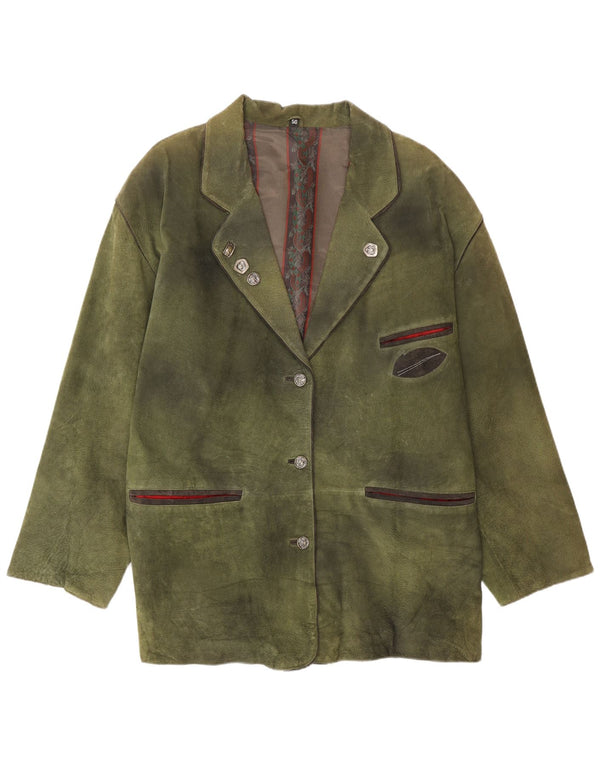 vintage Femmes 3 Boutons Blazer En Daim Veste EU 50 3XL Cuir Vert