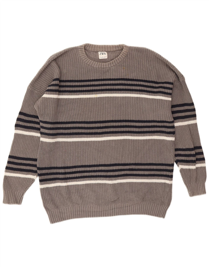 Zara Pull ras du cou pour hommes, grand, gris rayé