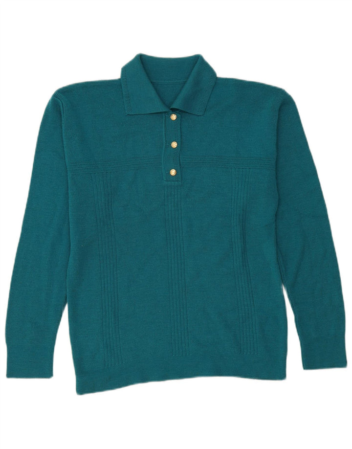 vintage Femme Polo Neck Jumper Pull UK 14 Bleu Moyen