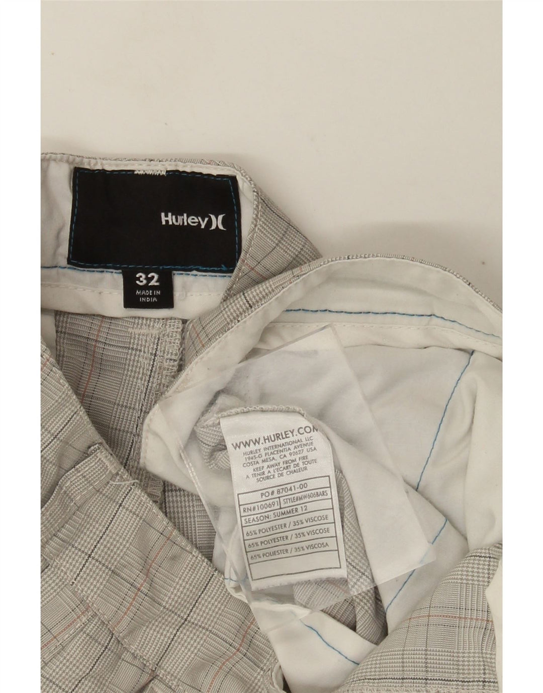 Hurley Short Chino Homme W32 Beige Moyen à Carreaux Polyester