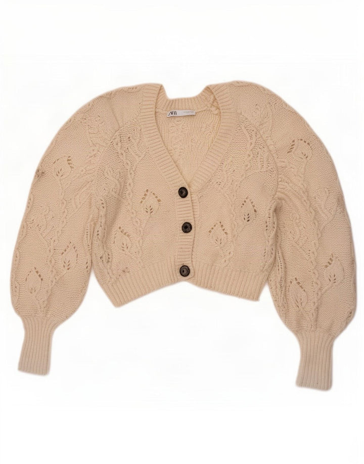 Zara Femmes Crop Cardigan Pull UK 10 Petit Blanc Cassé Polyester