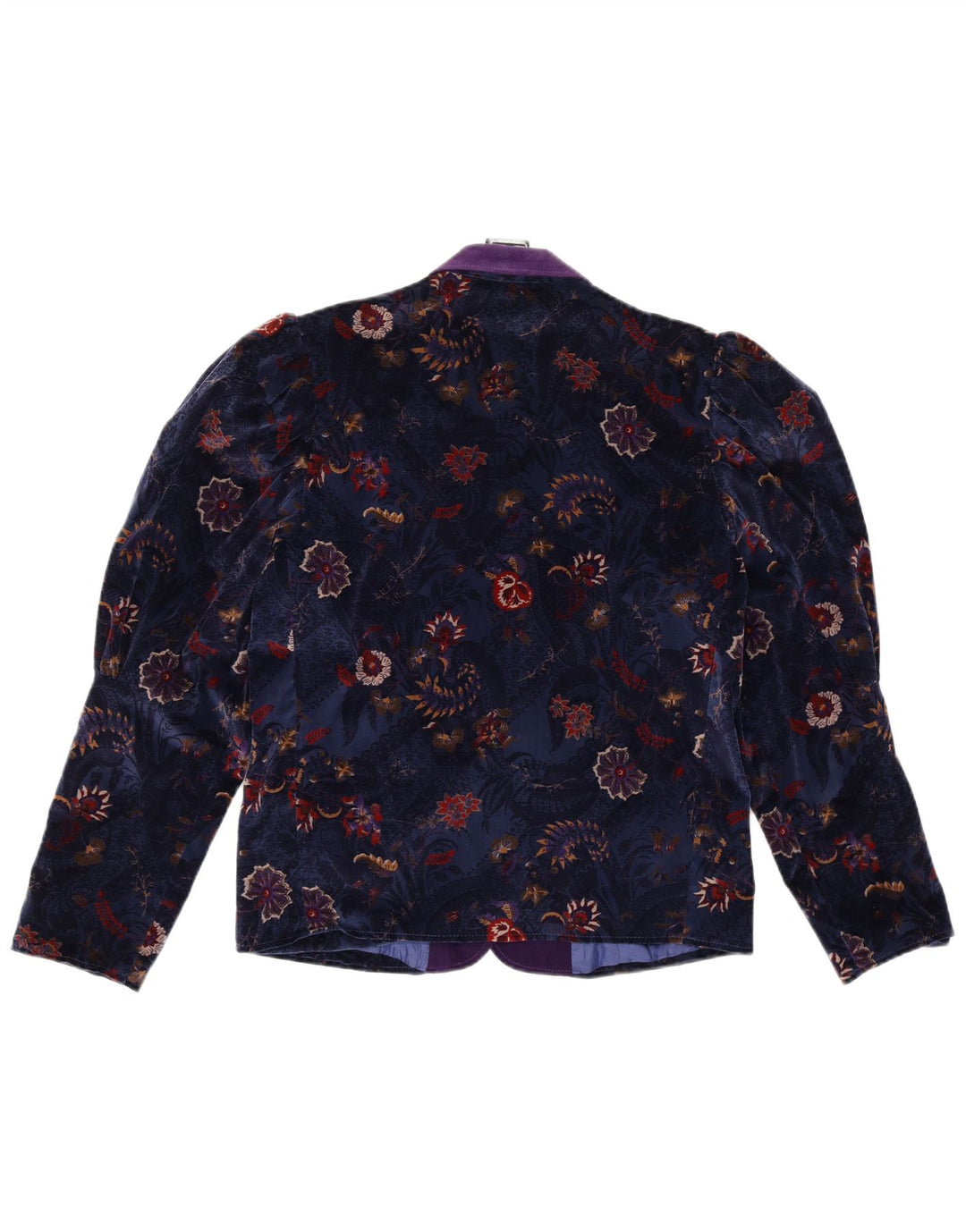vintage Femme 1 Bouton Velours Blazer Veste EU 38 Moyen Bleu Marine Floral