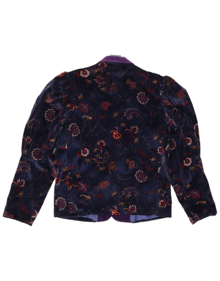 vintage Femme 1 Bouton Velours Blazer Veste EU 38 Moyen Bleu Marine Floral