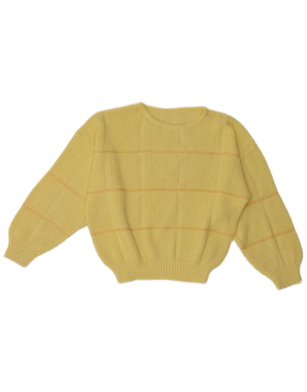 vintage Womens Crew Neck Jumper Sweater UK 12 Acrylique rayé jaune moyen