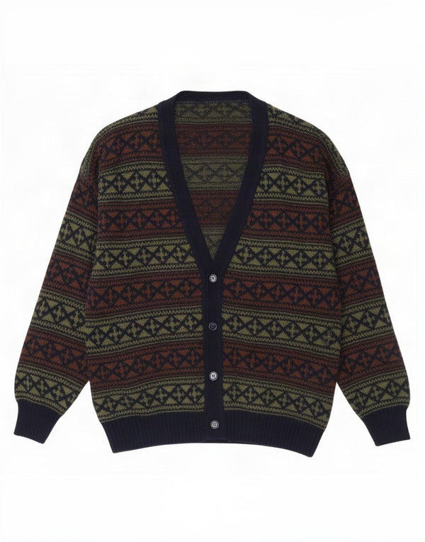 vintage Homme Cardigan Pull XL Bleu Marine Fair Isle Laine
