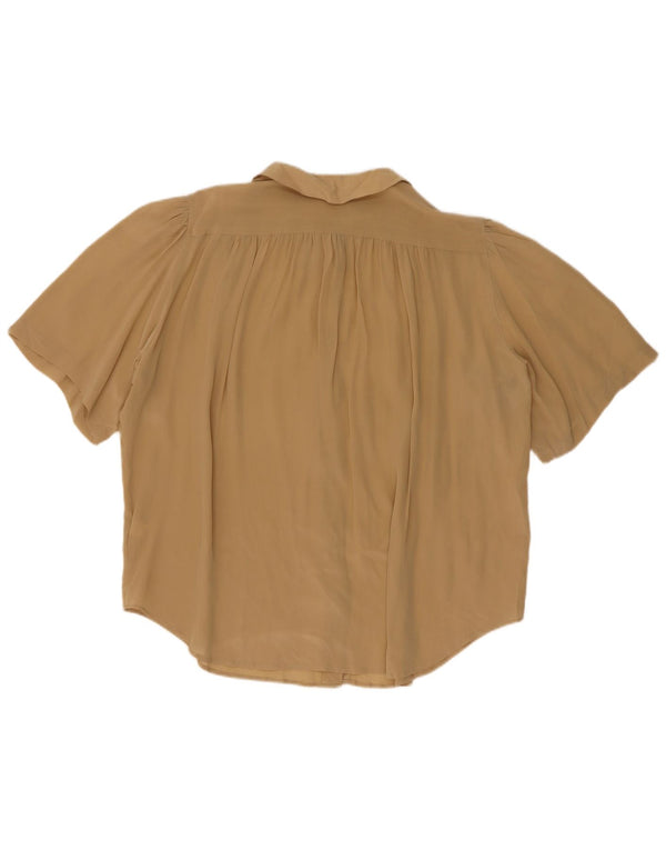 vintage Femmes Manches Courtes Chemise Oversize Blouse UK16 Grande Soie Kaki