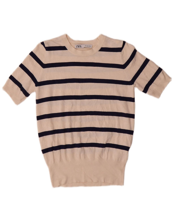 Zara Pull col bateau pour femme UK 10 Petit blanc cassé rayé