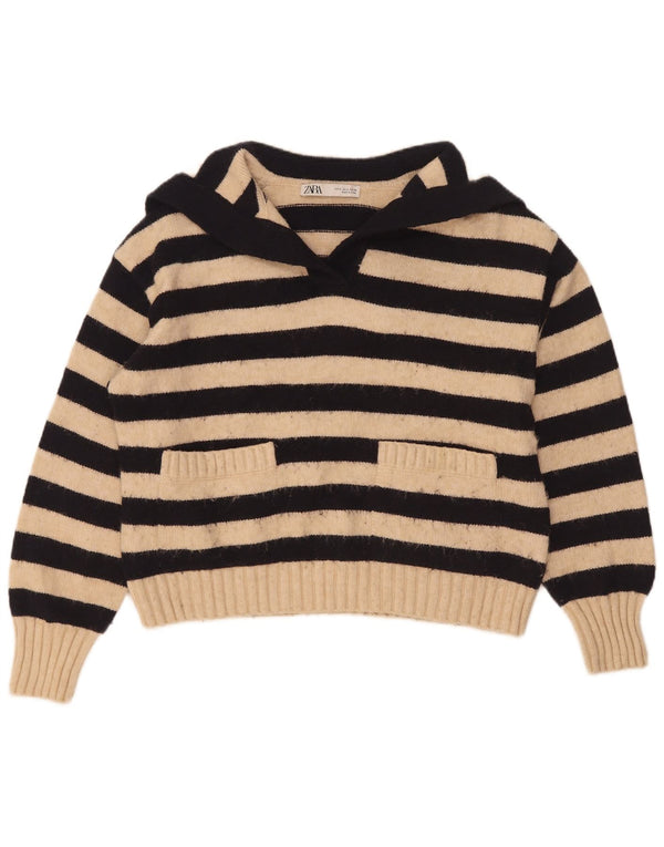 Zara Pull surdimensionné à col polo pour femme UK 10 Petit rayé beige