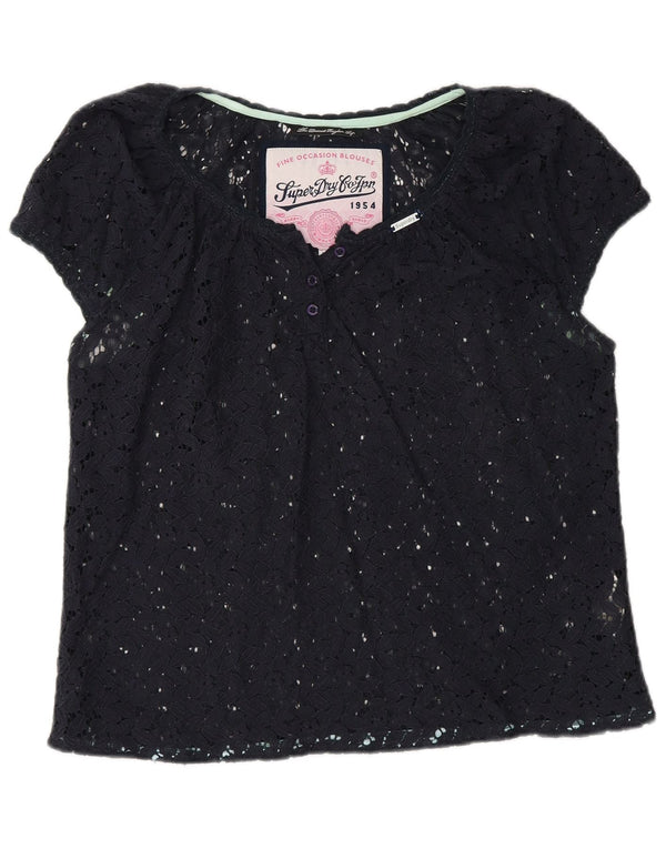 Superdry Chemisier transparent en dentelle pour femme UK 16 Large Bleu marine Coton