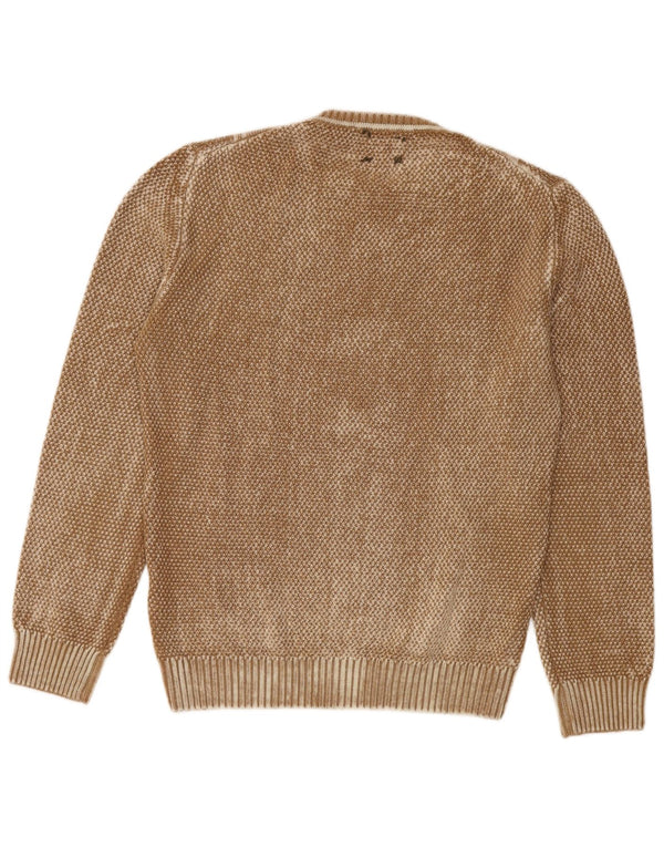 vintage Mens Crew Neck Jumper Pull Grande Laine Vierge Géométrique Marron