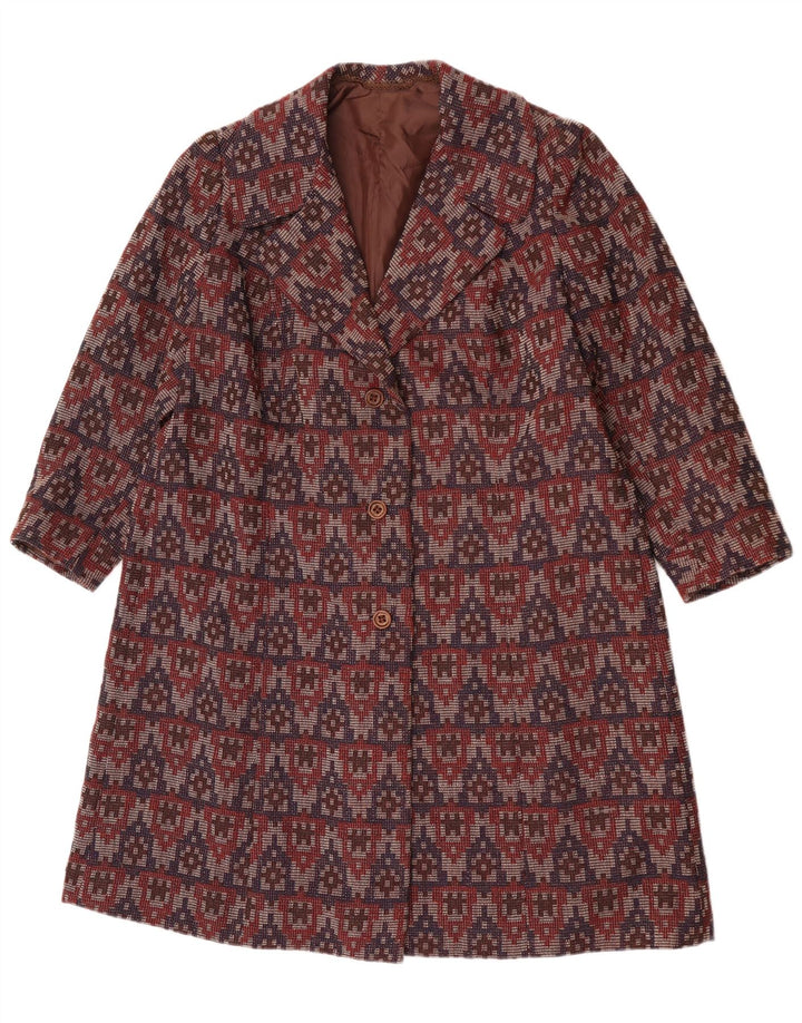 vintage Womens Overcoat UK 14 Grand Bourgogne Géométrique