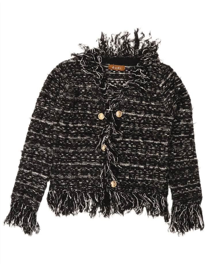 VINTAGE Femme Cardigan Pull UK 10 Petit Acrylique Rayé Noir