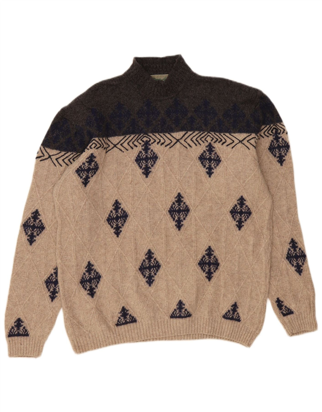 VINTAGE Pull col roulé homme XL Beige Argyle/Diamant