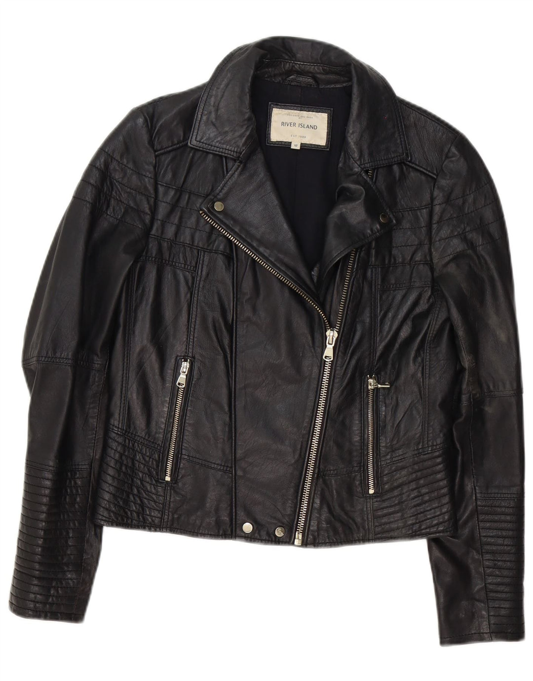 River Island Veste de motard en cuir pour femme UK 12 Medium Noir