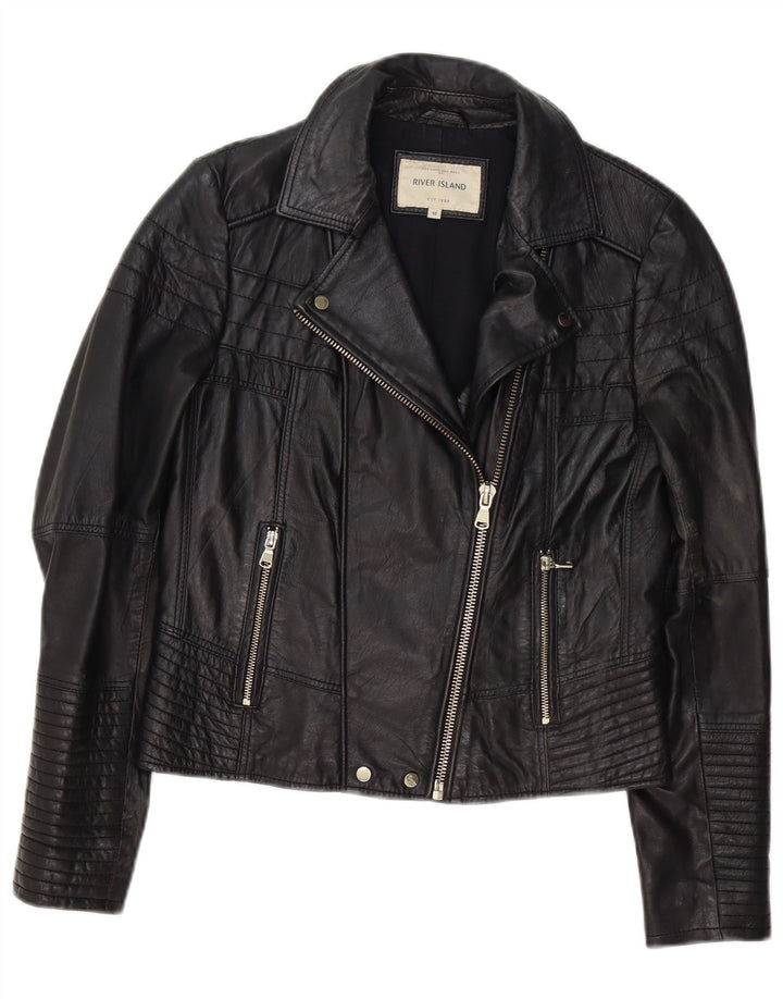 River Island Veste de motard en cuir pour femme UK 12 Medium Noir