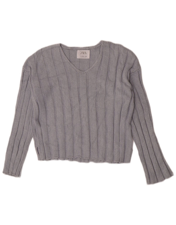 Zara Pull court à col en V pour fille 13-14 ans Bleu Coton