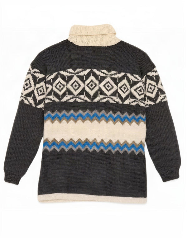 vintage Mens Roll Neck Jumper Pull Petit Gris Géométrique