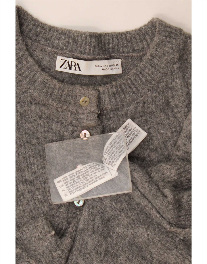 Zara Womens Crop Cardigan Sweater UK 12 Gris Moyen Polyester