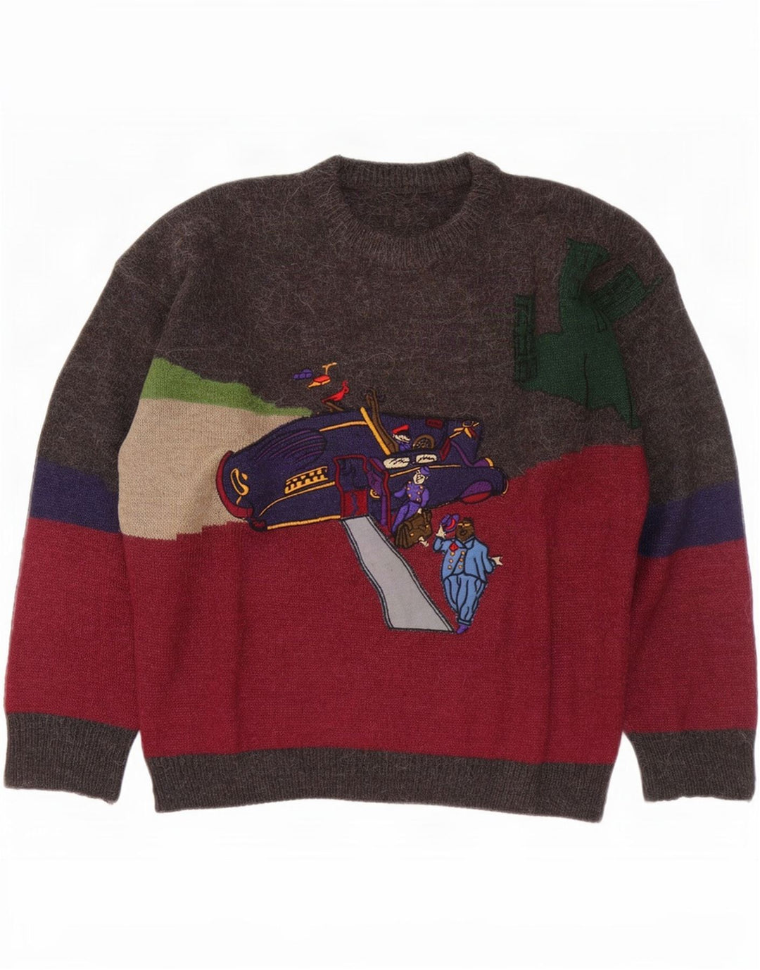 vintage Mens Crew Neck Jumper Pull Grand Multicolore Colorblock