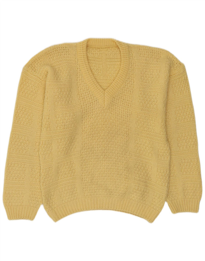 vintage Mens V-Col Jumper Pull Moyen Jaune Laine