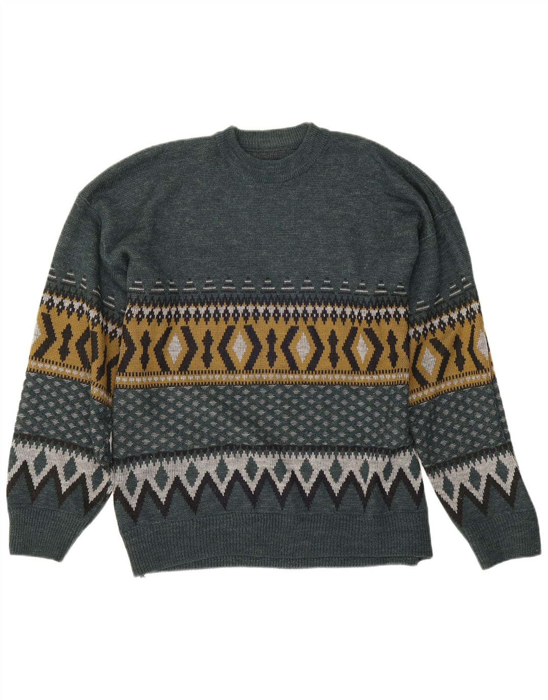 vintage Mens Crew Neck Jumper Pull Grand Vert Géométrique