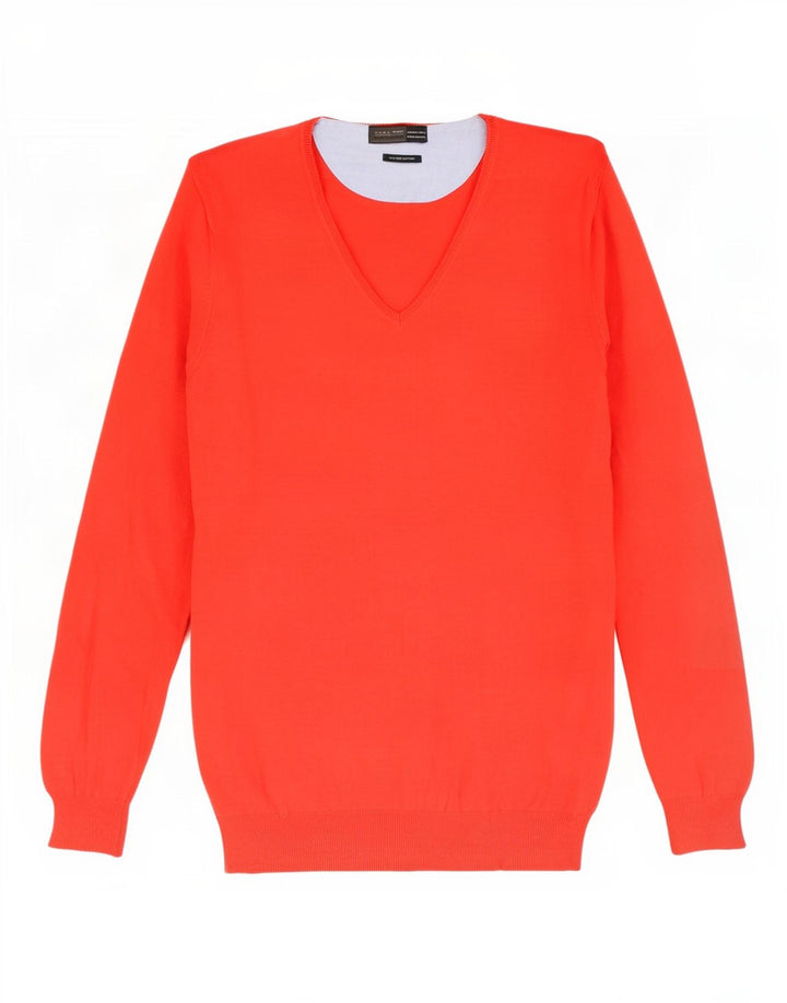 Zara Pull col V pour homme en coton rouge Large