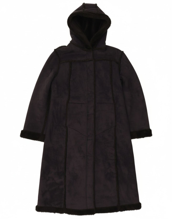 PAUL BERMAN Womens Hooded Sherpa Overcoat UK 14 Medium Navy Blue Polyester