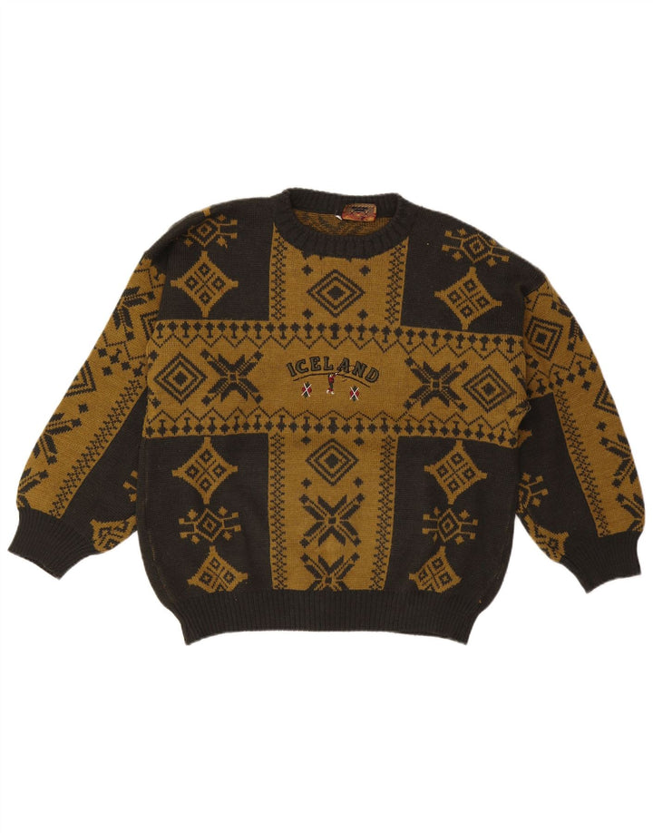 Islande Pull à col rond pour homme Grand Kaki Fair Isle
