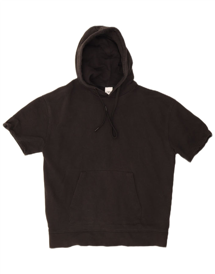 Zara Pull à capuche à manches courtes pour homme en coton noir moyen