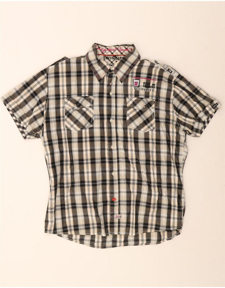 Chemise graphique vintage à manches courtes pour homme 2XL en coton à carreaux gris