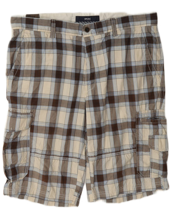 Brax Mens Cargo Shorts W36 Large Beige Check Cotton