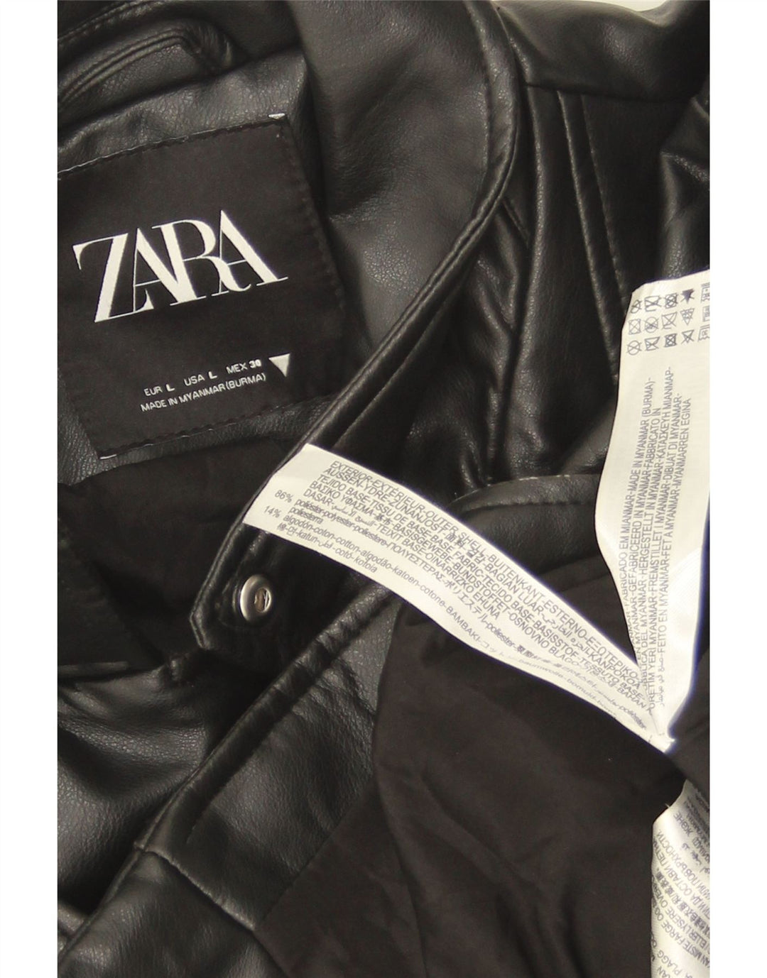 Zara Veste de motard courte en similicuir pour femme UK 14 Large Noir Polyester