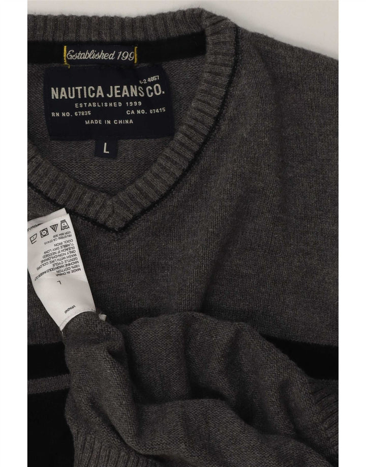 Nautica Pull col V pour homme en coton gris Taille L