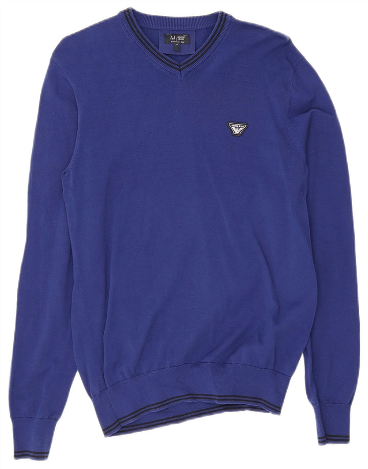 Armani Jeans Pull Col V Homme Bleu Moyen Rayé Coton