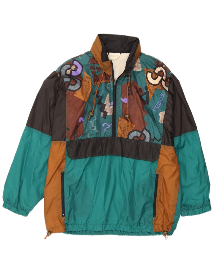 vintage Mens Graphic Pullover Rain Jacket UK 38 Medium Green Colourblock