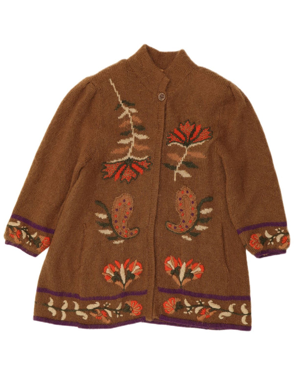 vintage Femmes Graphique Longline Cardigan Pull UK 14 Moyen Brun Floral
