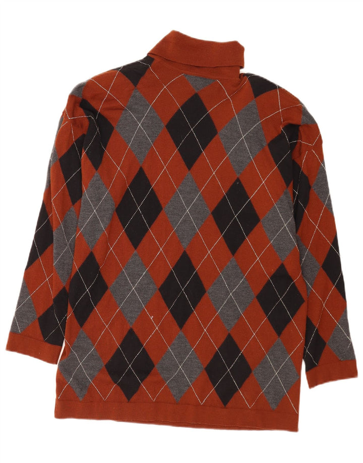 vintage Femme Polo Neck Jumper Pull EU 38 Moyen Brun Argyle/Diamant