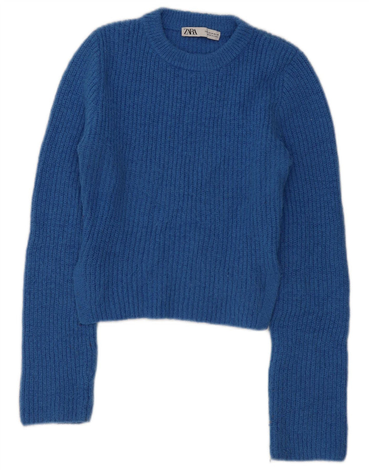 Zara Pull court à col rond pour femme UK 12 Bleu moyen Polyester