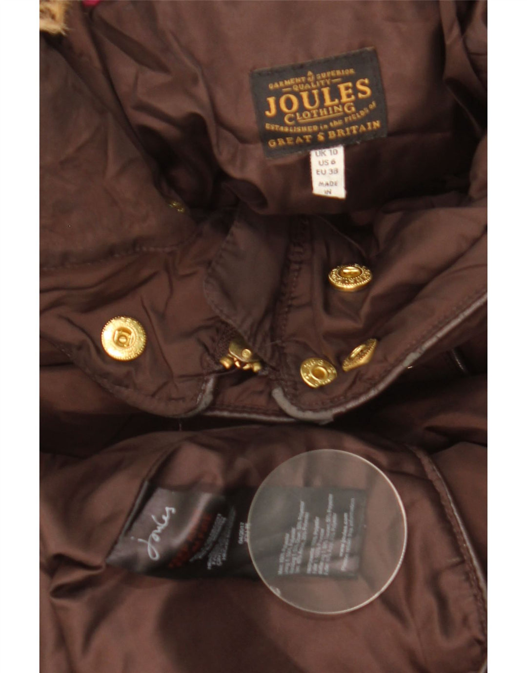 JOULES Manteau rembourré à capuche pour femme UK 10 Petit Marron Polyester