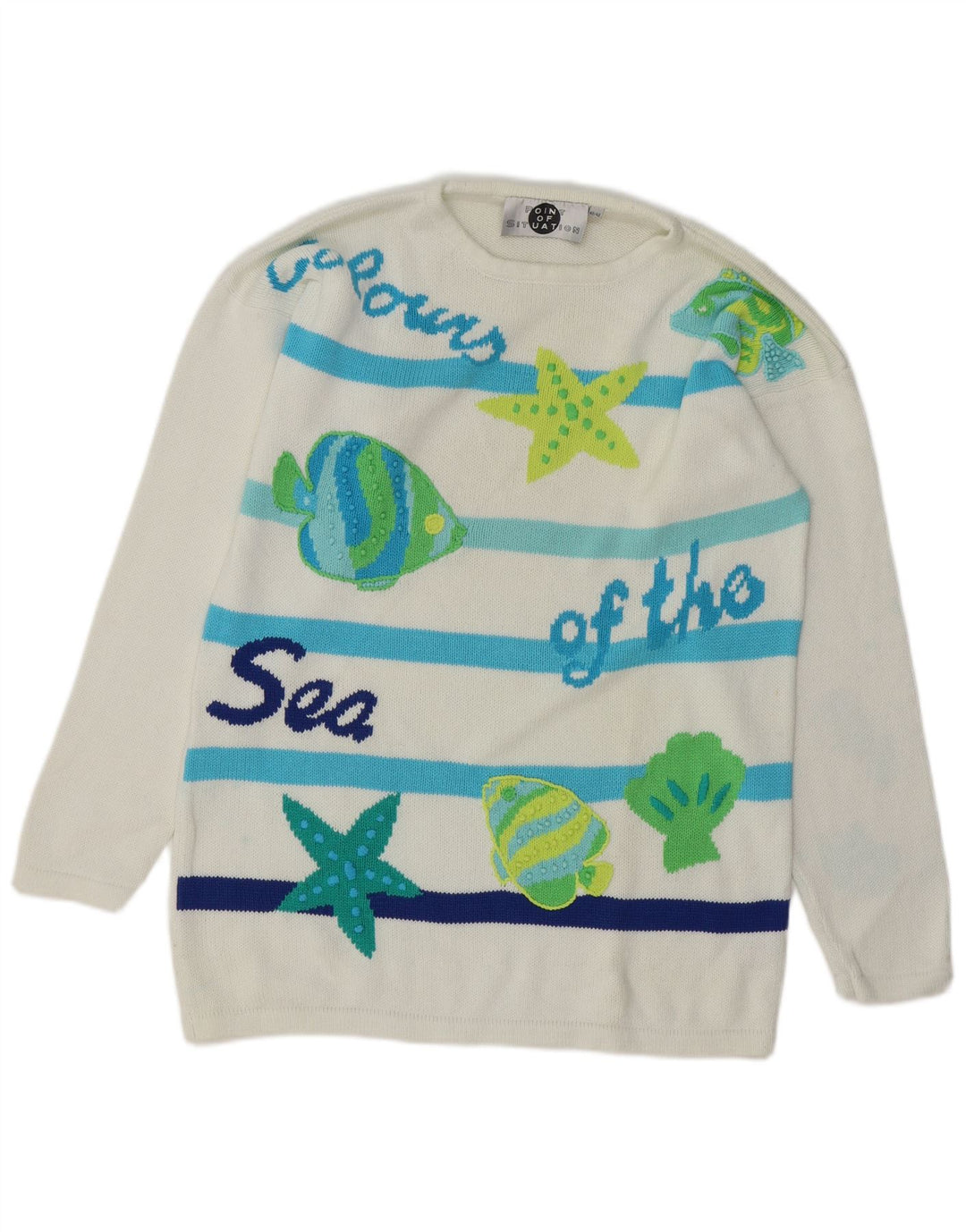 VINTAGE Femme Graphique Crew Neck Jumper Pull EU 40 Moyen Blanc Rayé