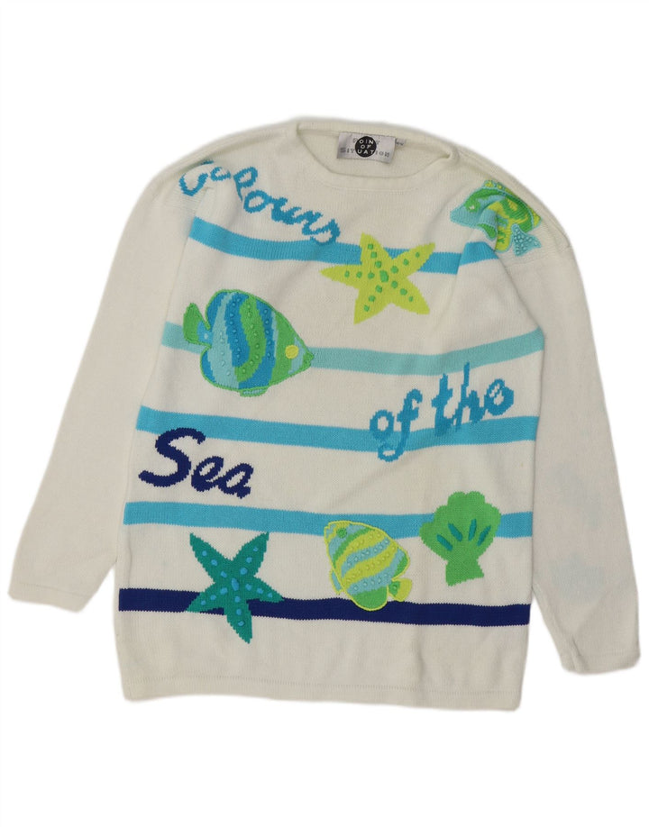 VINTAGE Femme Graphique Crew Neck Jumper Pull EU 40 Moyen Blanc Rayé