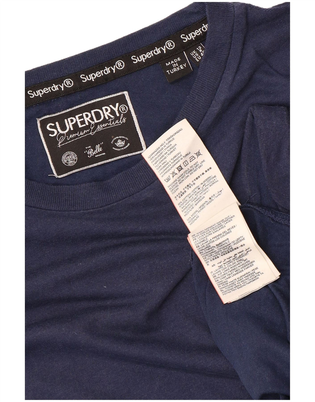 Superdry T-Shirt Femme Top UK 12 Bleu Marine Moyen Coton