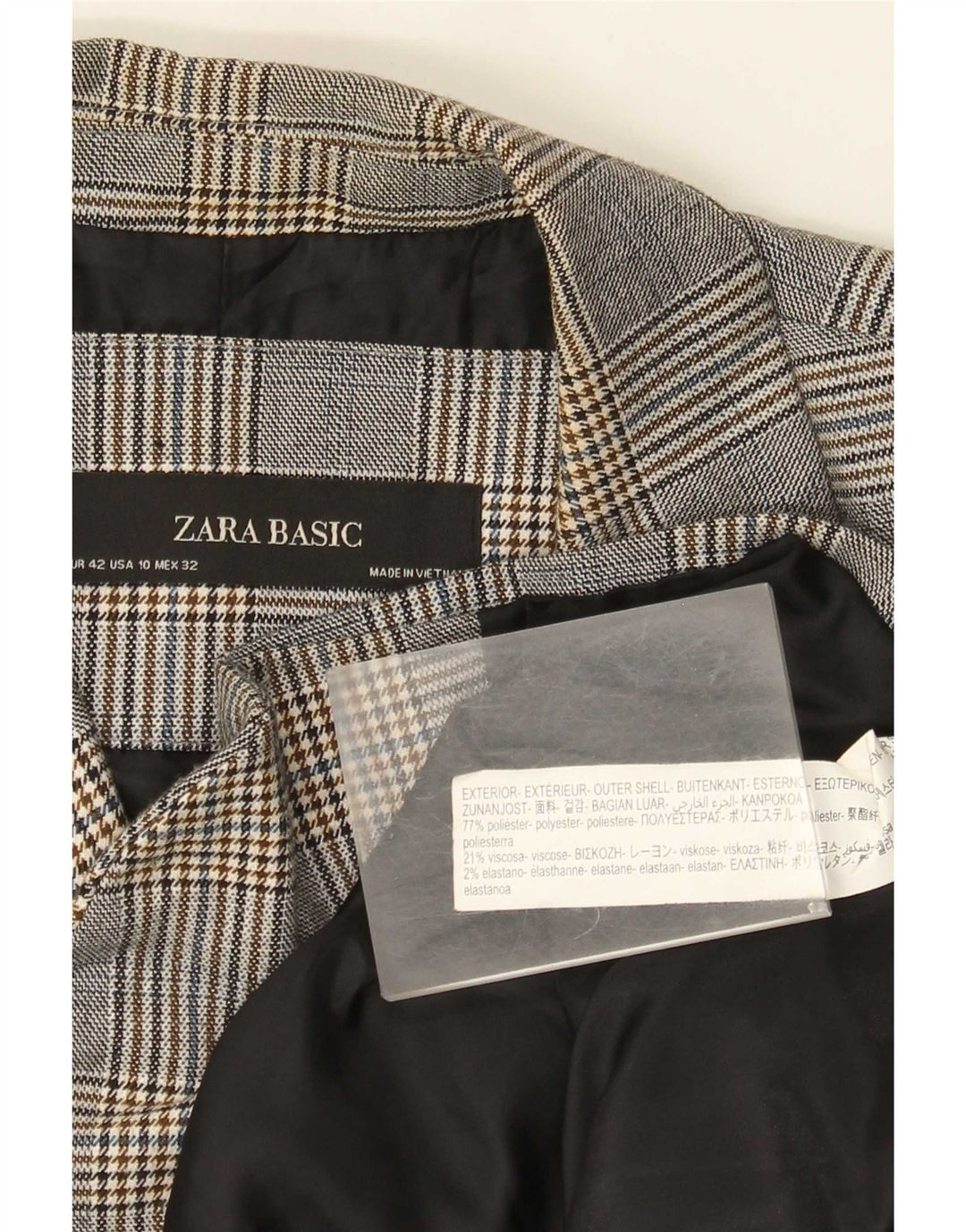 Zara Veste Blazer 1 Bouton Femme EU 42 Grand Gris Carreaux Polyester