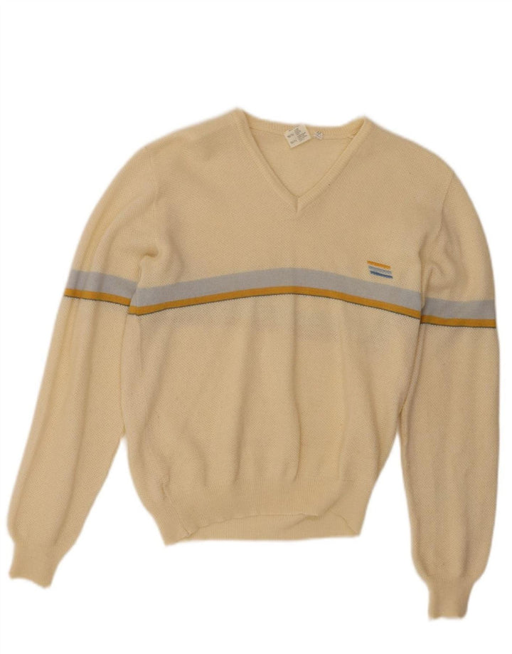 VINTAGE Womens V-Neck Jumper Sweater UK 12 Medium Beige Wool