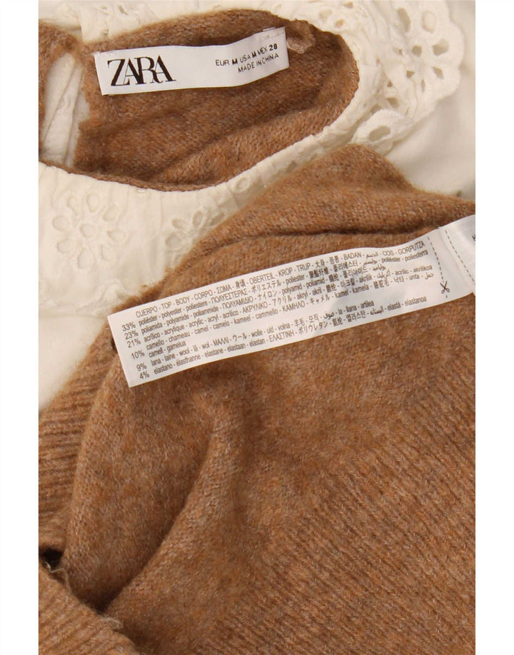 Zara Pull court à col bateau pour femme UK 14 Marron moyen Polyester