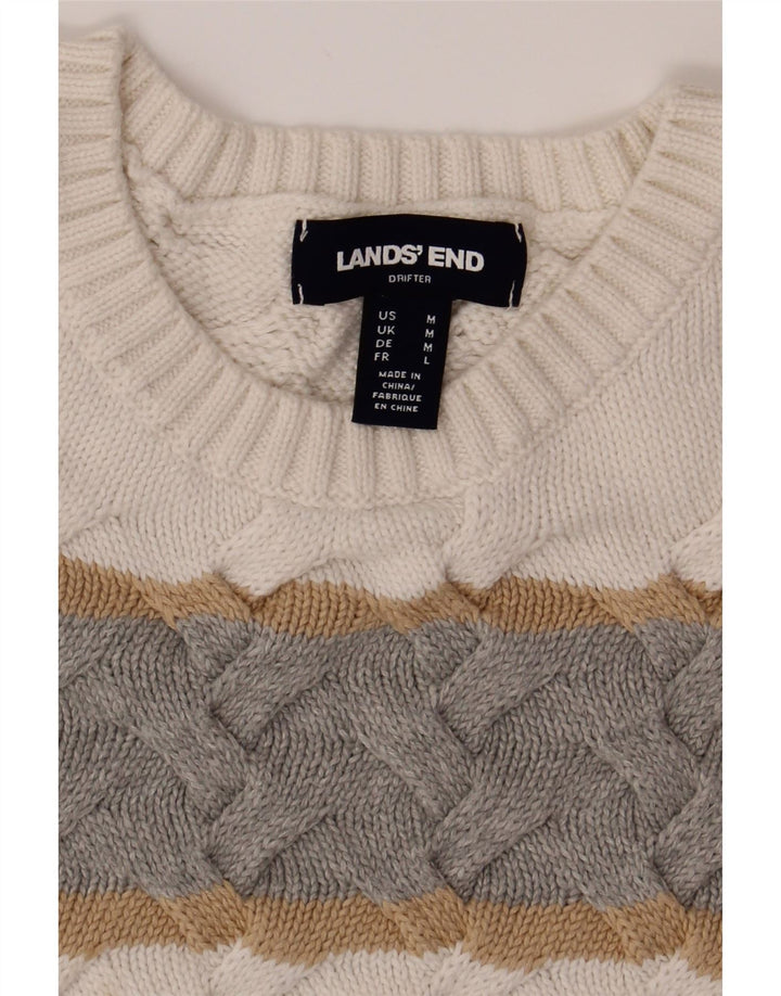 LANDS END Womens Crew Neck Jumper Sweater UK 14 Medium Off White Striped Vintage Lands End and Second-Hand Lands End from Messina Hembry 