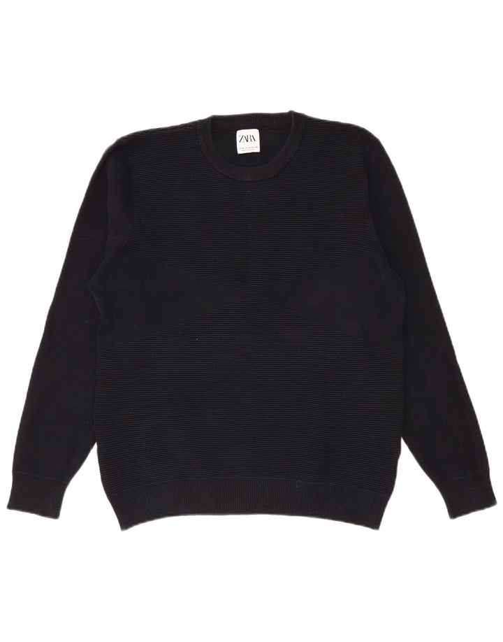 Zara Pull à col rond pour homme en coton à fines rayures noir moyen