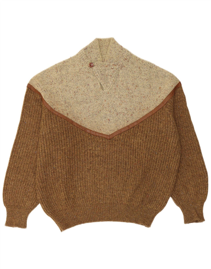 vintage Mens Turtle Neck Jumper Pull Grand Brun Colorblock