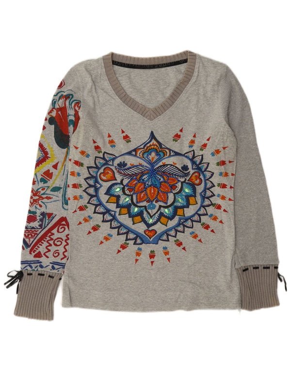 Desigual Haut Graphique à Manches Longues pour Femme UK 44 Coton Floral Gris Moyen