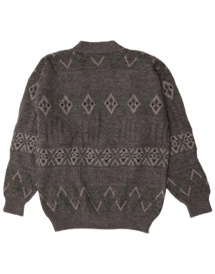 vintage Mens Cardigan Sweater Grande laine géométrique grise